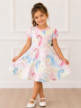 Rock your Kid Unicorn Print Twirl Dress with Pink Trim